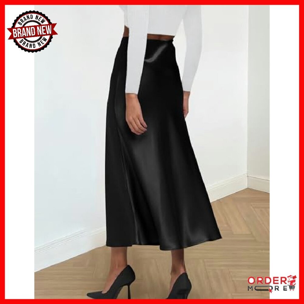 Satin Midi Skirt High Waist Elastic Flowy A-Line Elegant - Picture 4 of 8